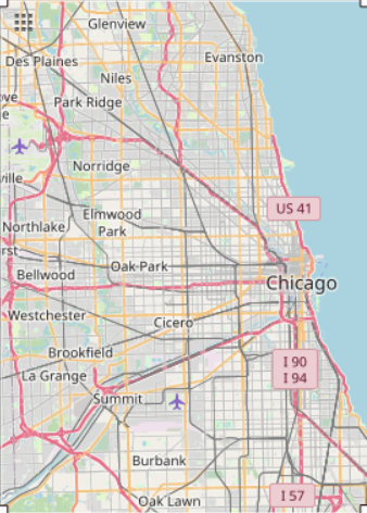 Street map of Chicago and its near suburbs, the area covered by the camera network